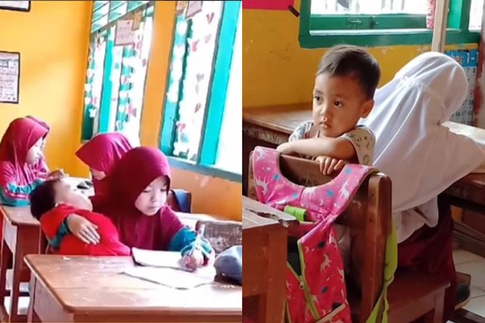 Siswi Piatu Di Sulawesi Selatan Menggendong Adiknya Di kelas